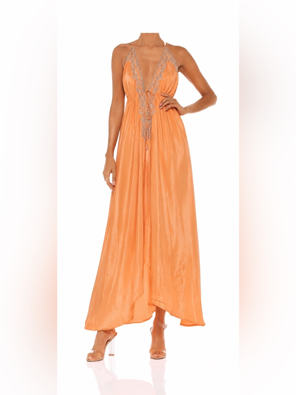 Peach Plunge Halter Maxi Dress with Beaded Trim